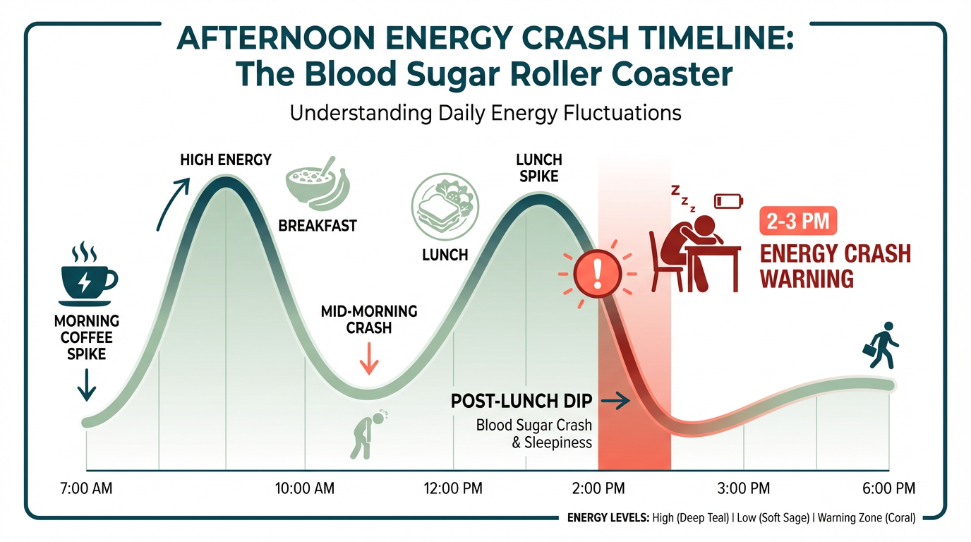 Afternoon energy crash timeline and blood sugar pattern